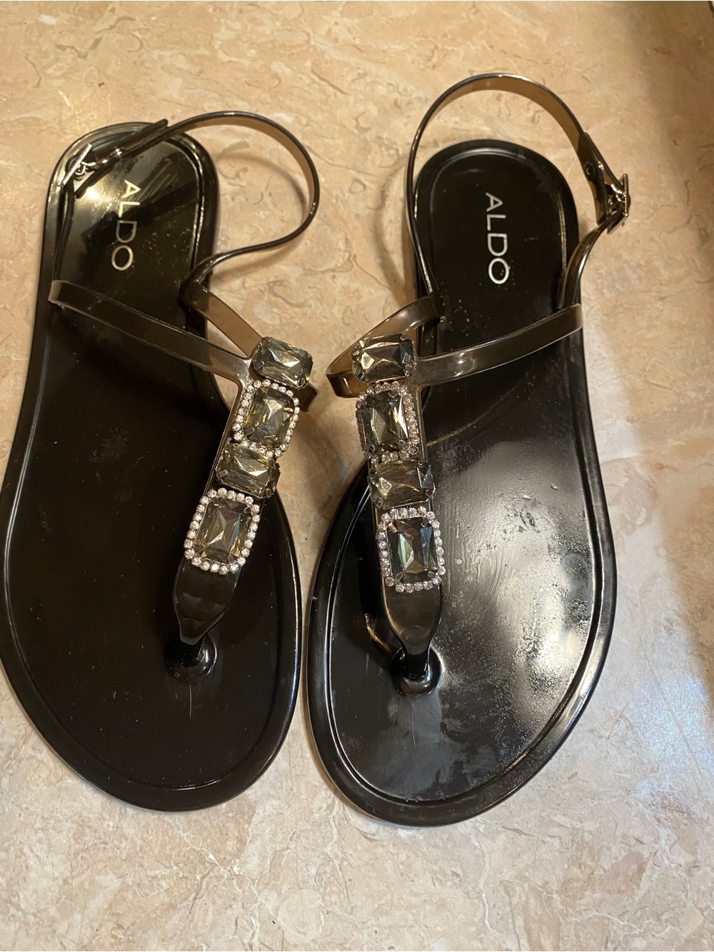 Aldo Black Jeweled T-Strap Sandals with Clear Crystals